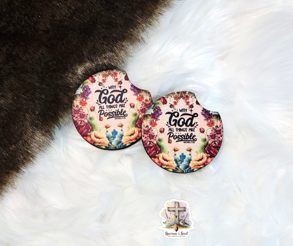 “With God All Things Are Possible” Floral Car Coaster Set