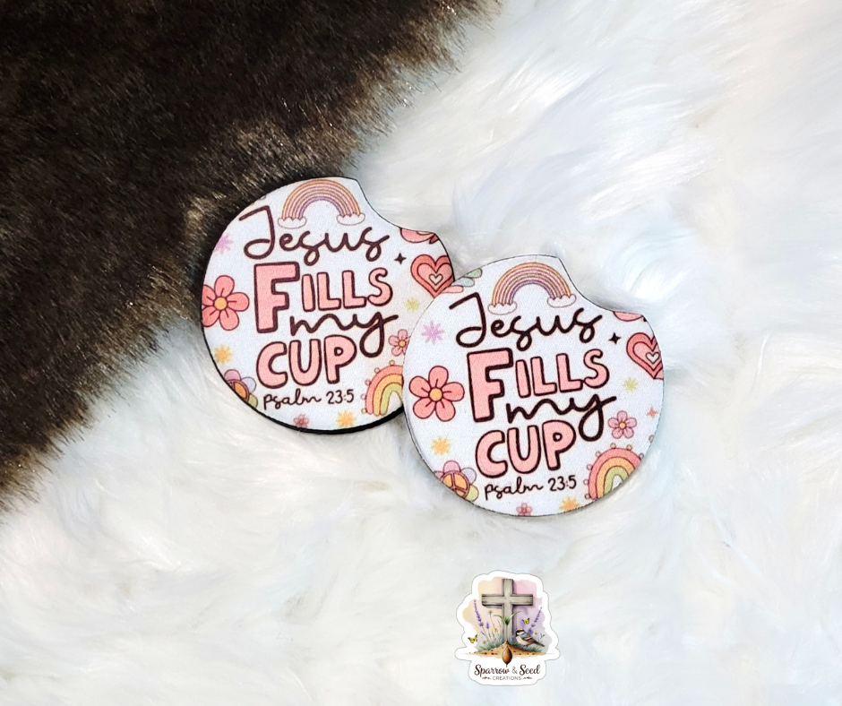 “Jesus Fills My Cup” Psalm 23:5 Car Coaster Set