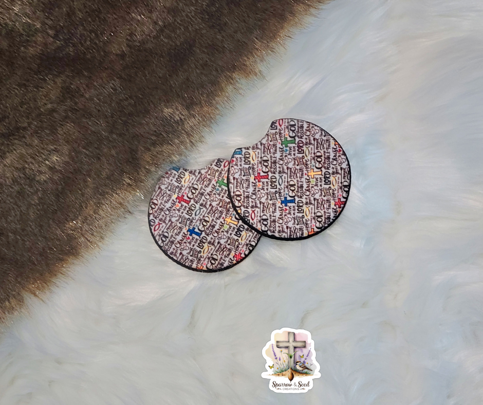 “Faith Words & Colorful Crosses” Car Coaster Set