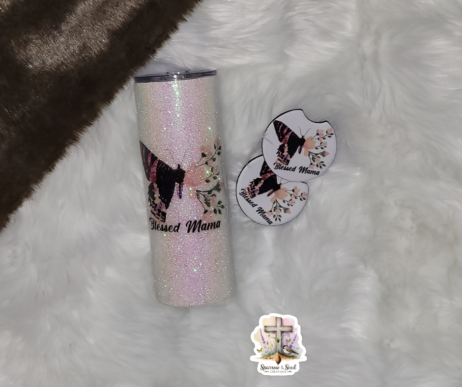 Blessed Mama Glitter Tumbler & Matching Car Coaster Set