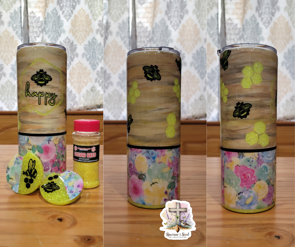 “Happy & Blessed” Honey Bee Tumbler with Epoxy Coaster Set